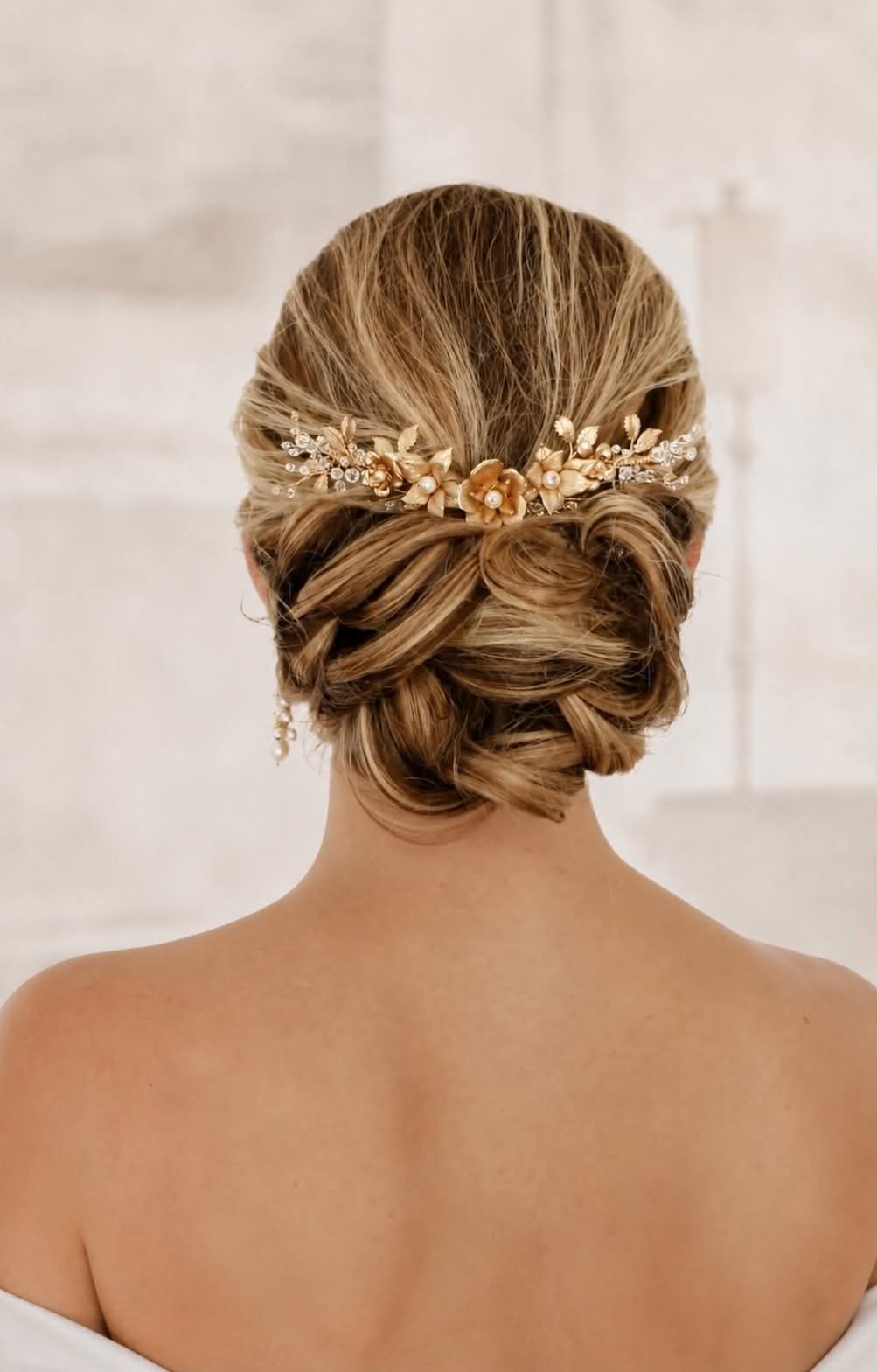 JARDIN DOR bridal hair piece with gold flowers pearls crystals and botanical leaves