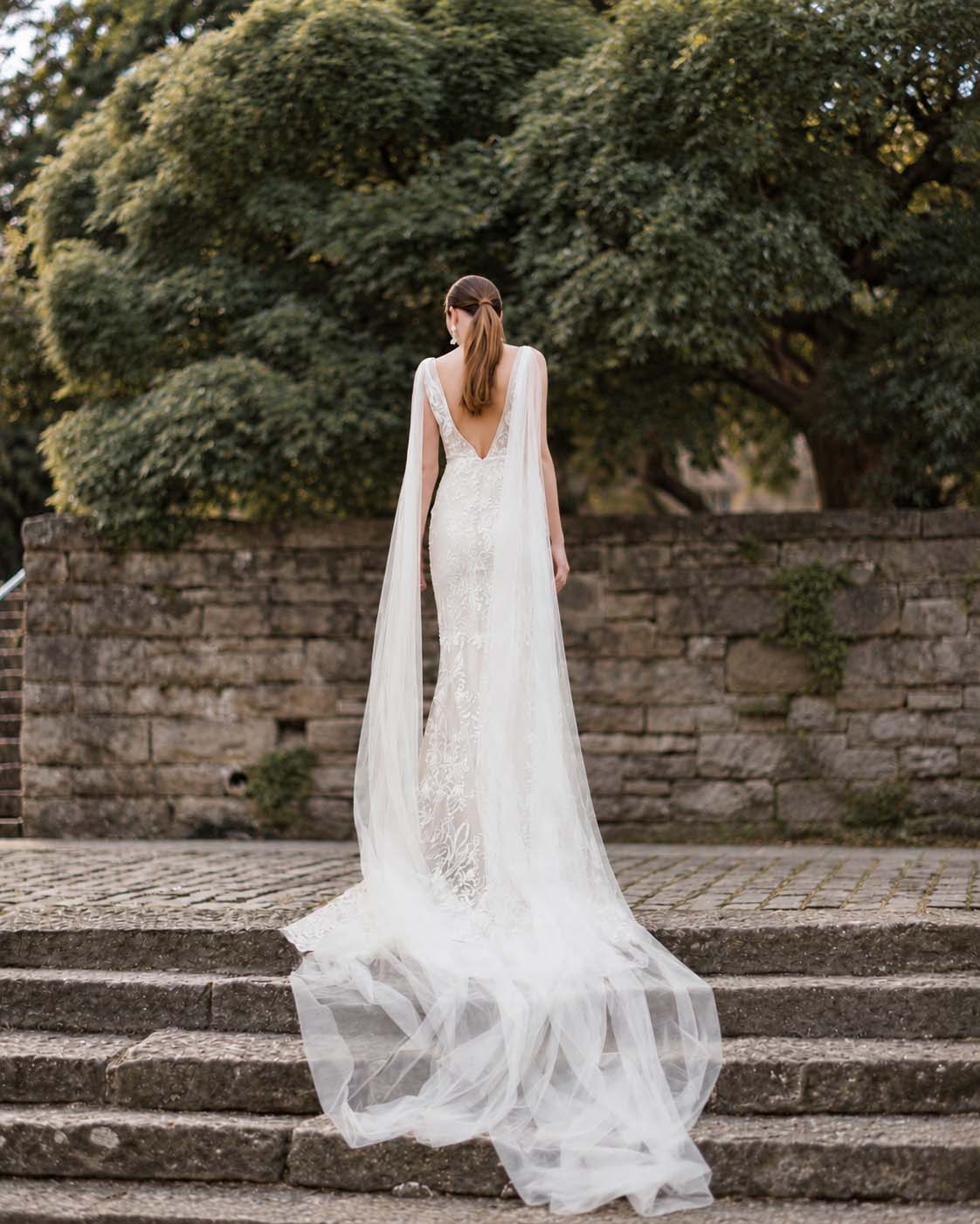 Gwendolyn tulle bridal wings attached to wedding dress