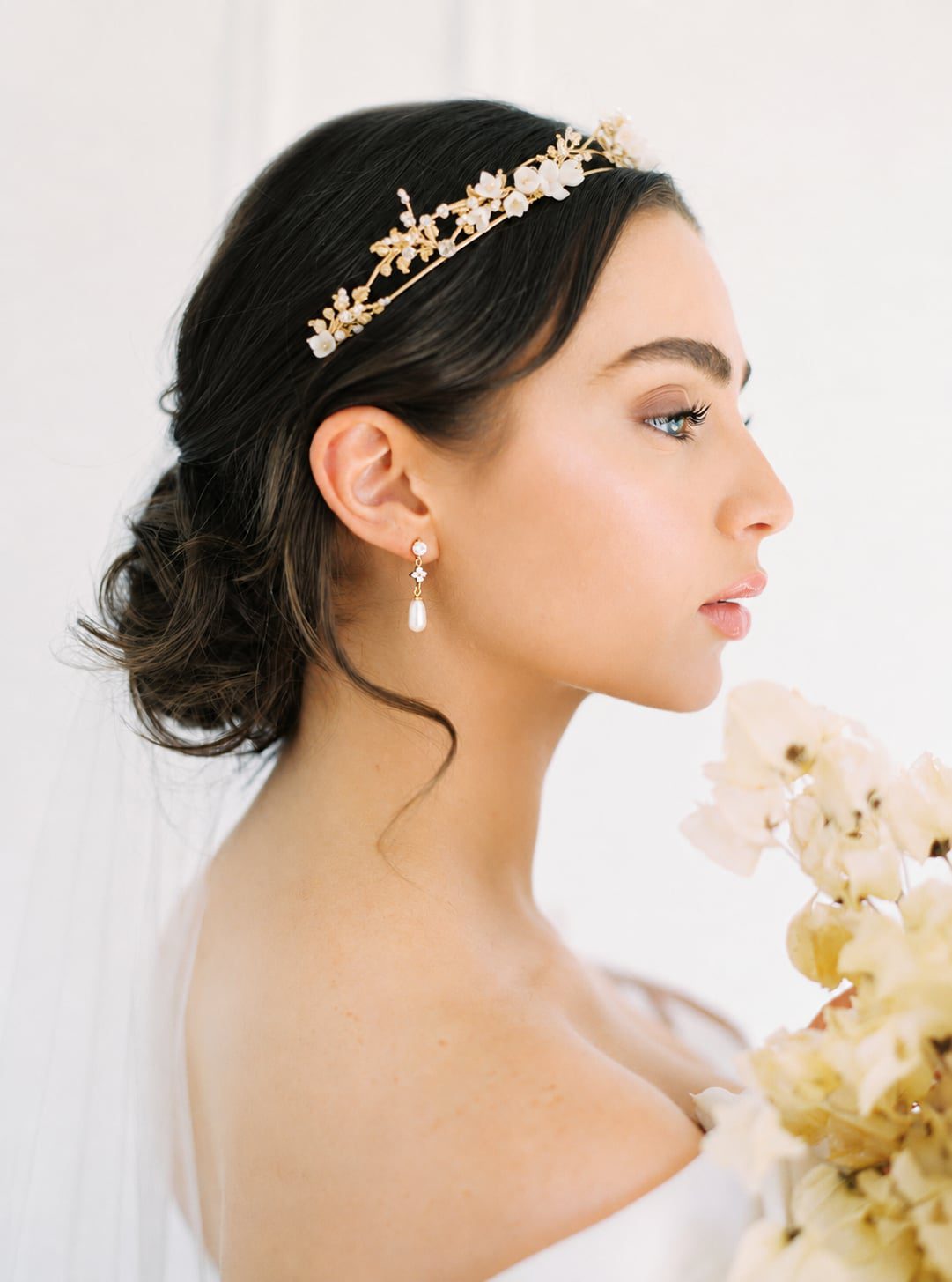 Botanical wedding hair crown with gold leaves and crystals