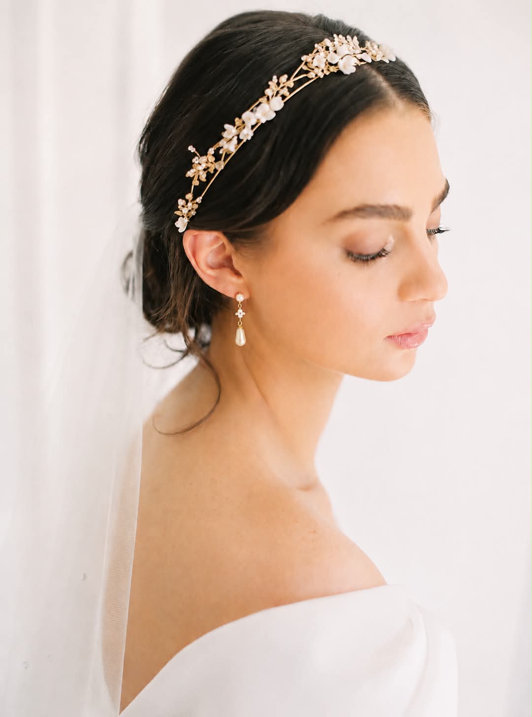 HONERINE gold wedding crown with botanical gold leaves and pearl accents