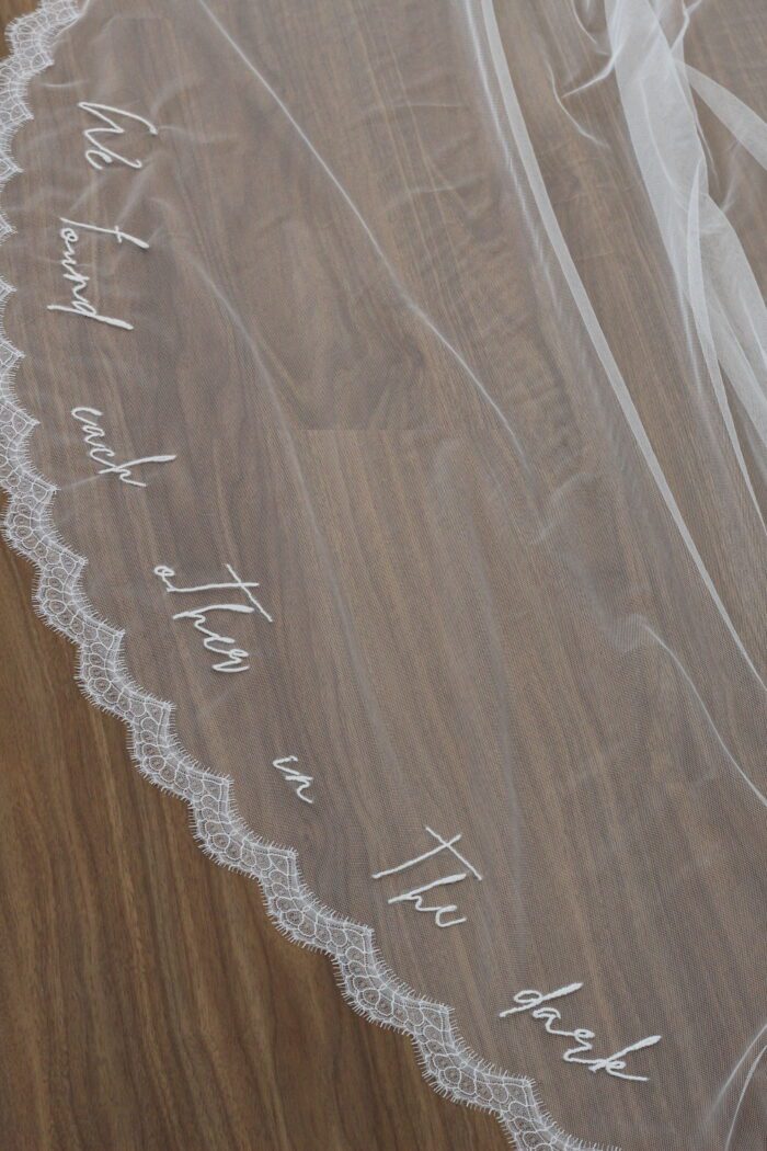 veil embroidery, custom veil embroidery, words on veil