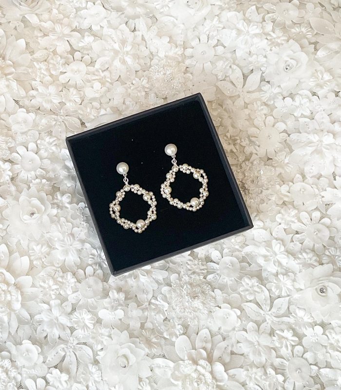 short pearl earrings, wedding earrings, all about romance bridal, pearl hoop earrings