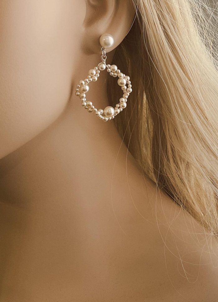 short pearl earrings, wedding earrings, all about romance bridal, pearl hoop earrings