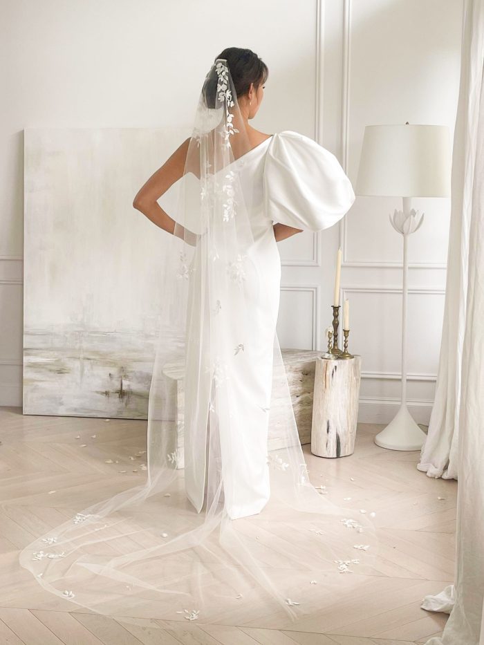chapel wedding veil, embellished bridal veil, bridal veil with lace leaves, lace veil