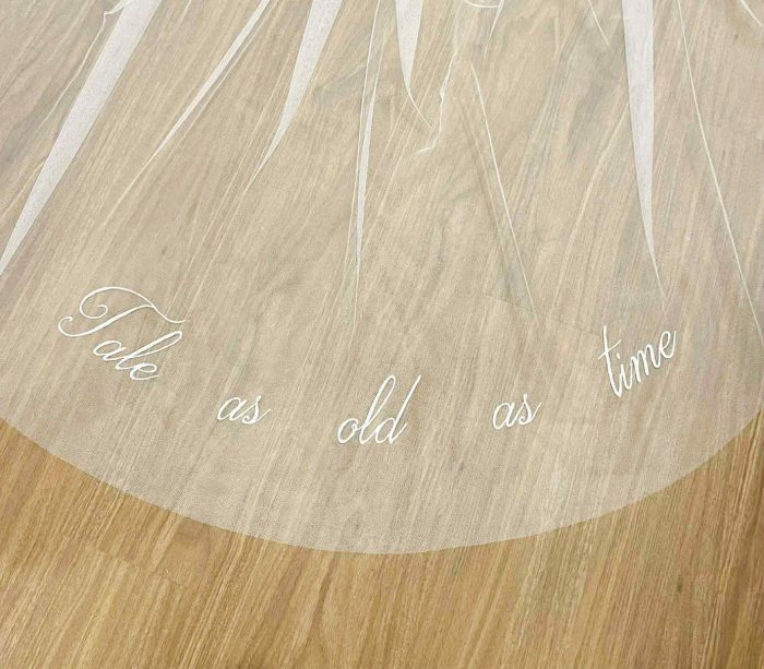 veil embroidery, elegant script font, embroidered wedding veil, all about romance bridal
