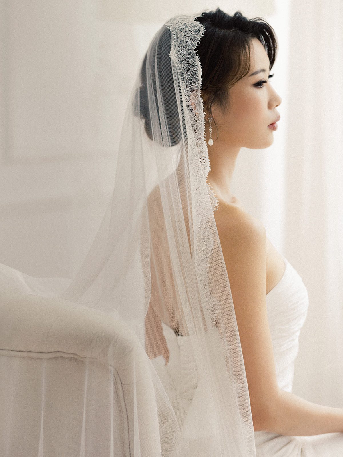ADRIANNA lace mantilla wedding veil with French Chantilly lace edging