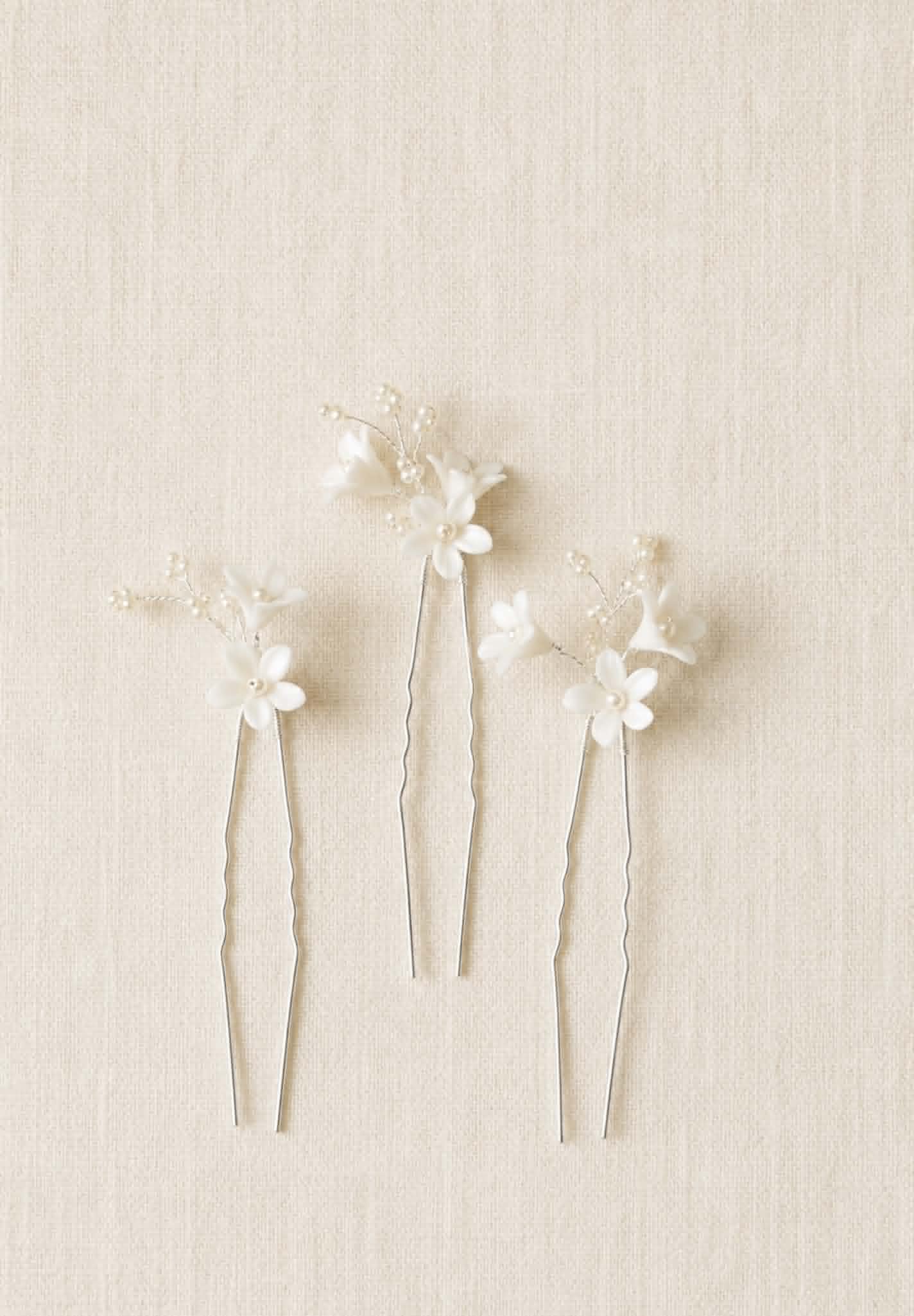 SPRING SONG floral bridal hair pins with handcrafted ivory flowers and pearl accents