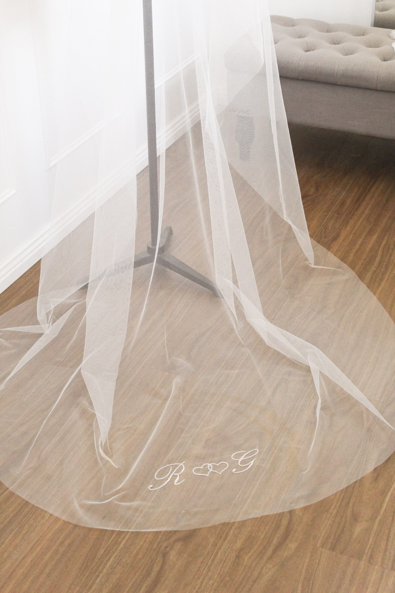 veil embroidery, english script font, embroidered wedding veil, all about romance bridal