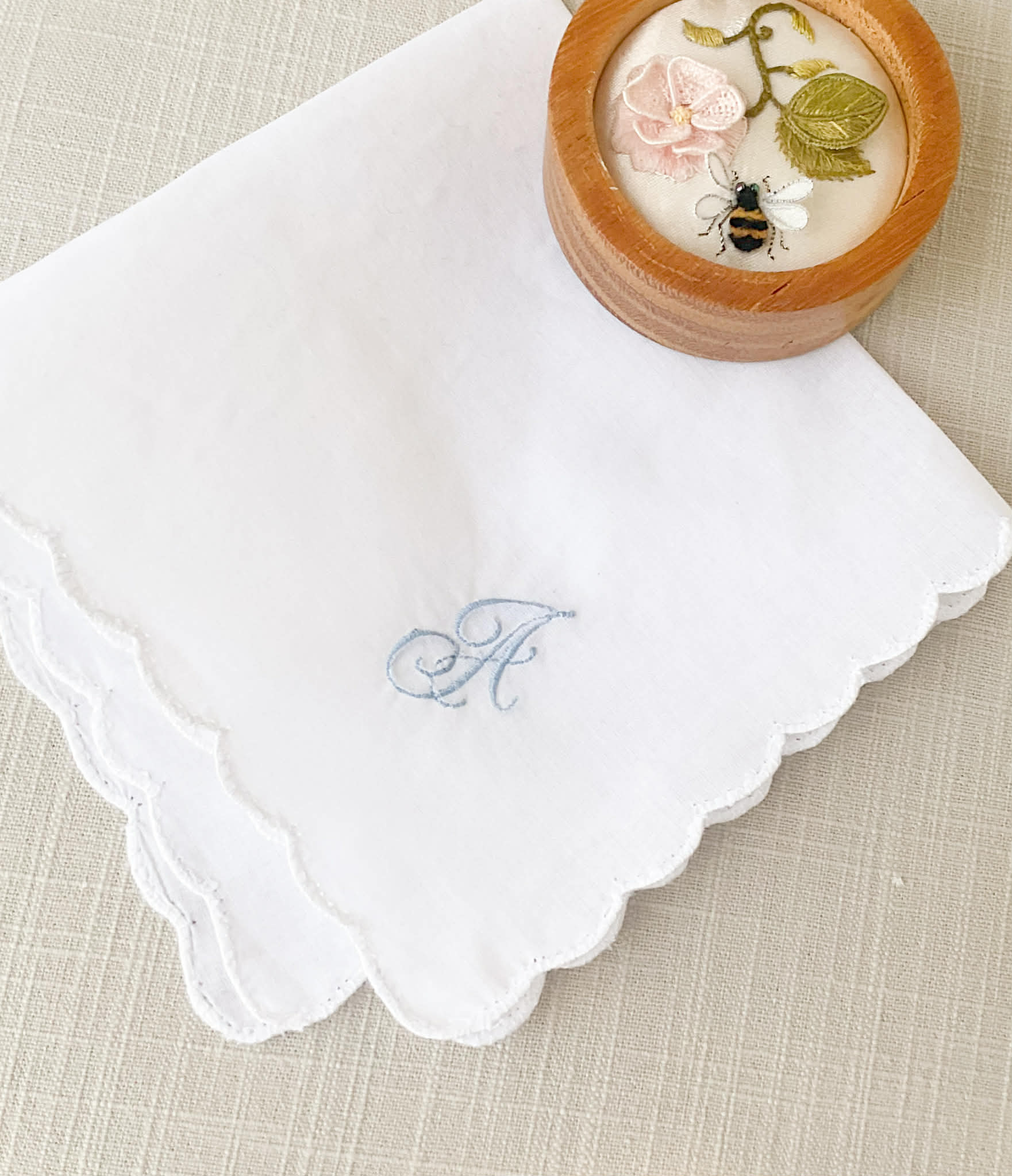scallop wedding handkerchief, bridal hanky, something blue handkerchief, personalised embroidery, all about romance bridal