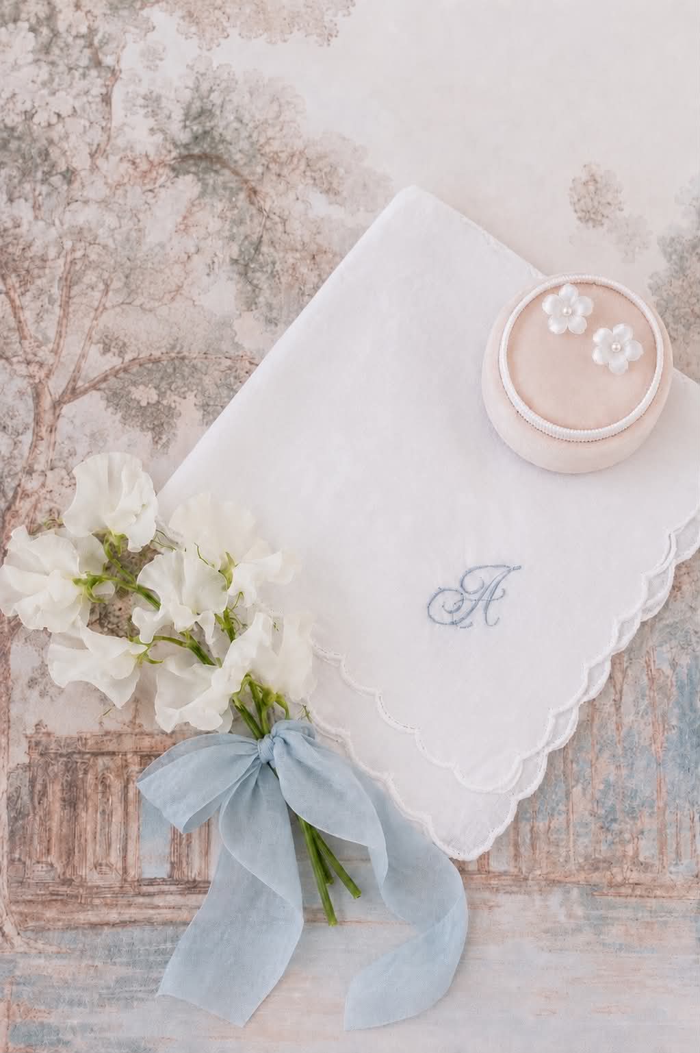 scallop wedding handkerchief, bridal hanky, something blue handkerchief, personalised embroidery, all about romance bridal