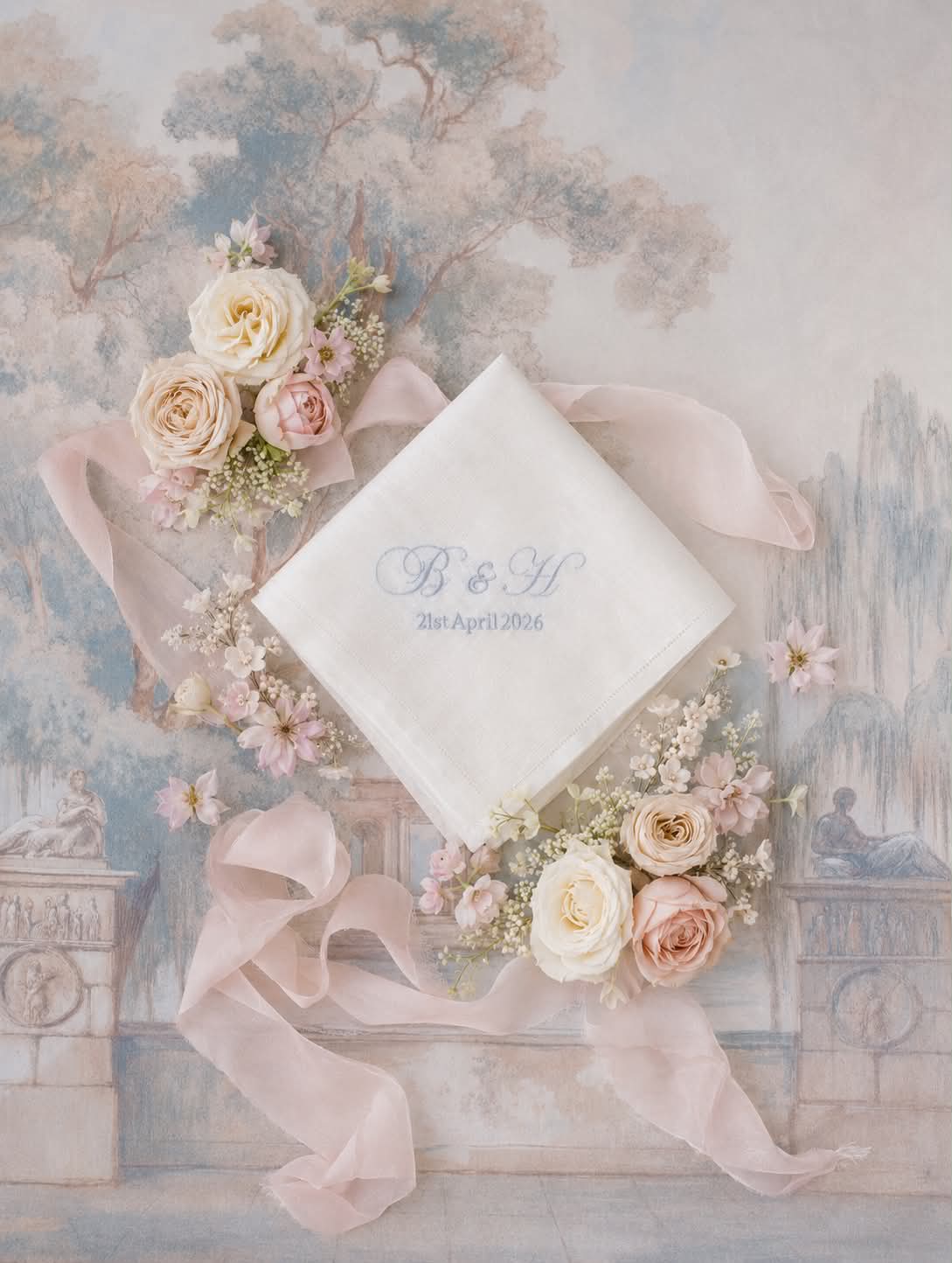 wedding handkerchief, bridal hanky, something blue handkerchief, personalised embroidery, all about romance bridal