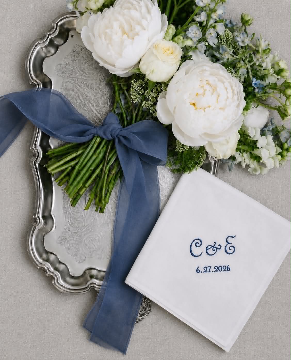mens wedding handkerchief, bridal hanky, something blue handkerchief, personalised embroidery, all about romance bridal