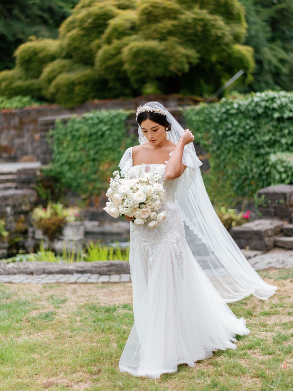 AUDREY chapel length mantilla wedding veil with French Chantilly lace edging