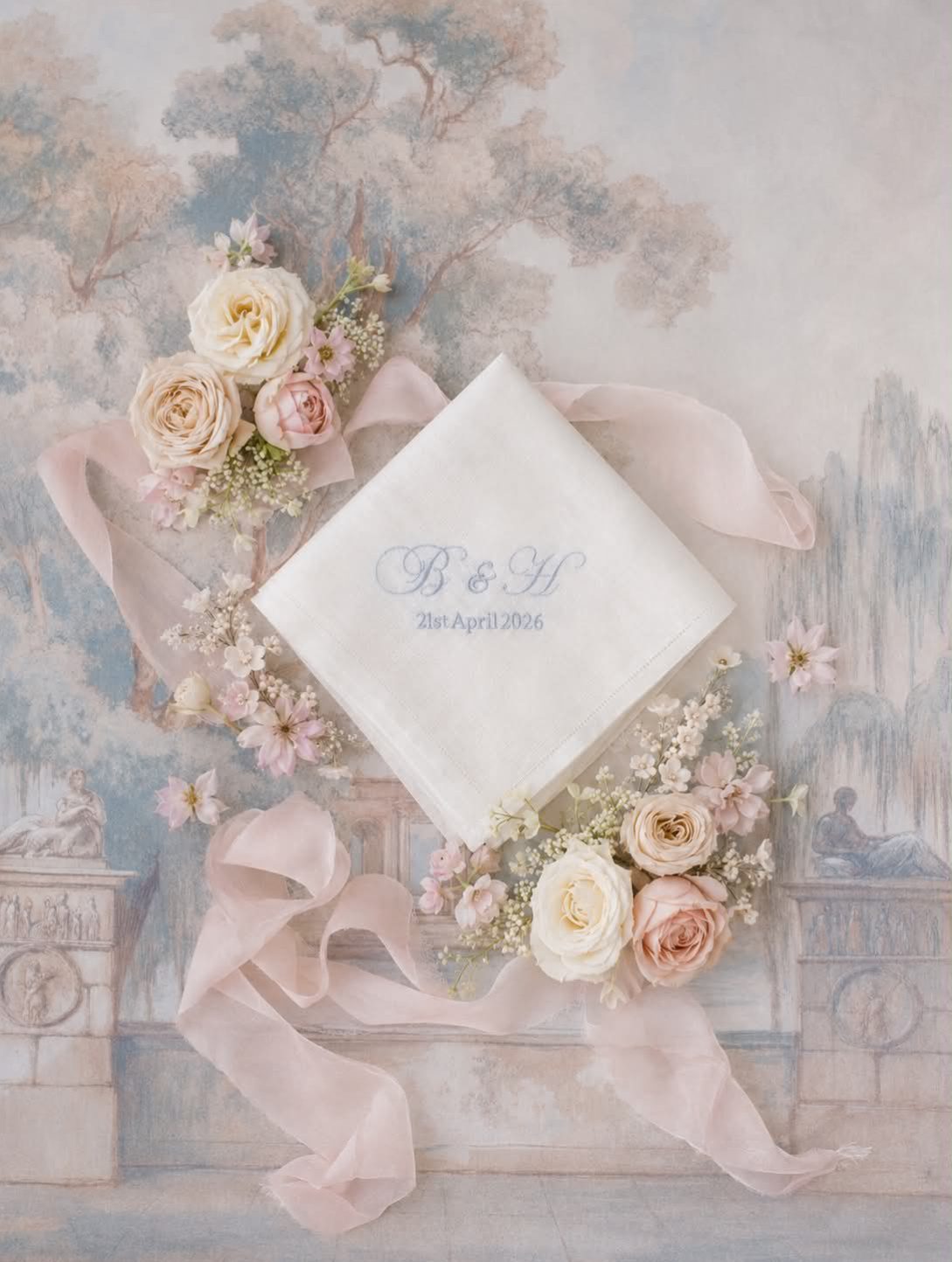 Personalised wedding handerchief embroidered with monogram initial and wedding date