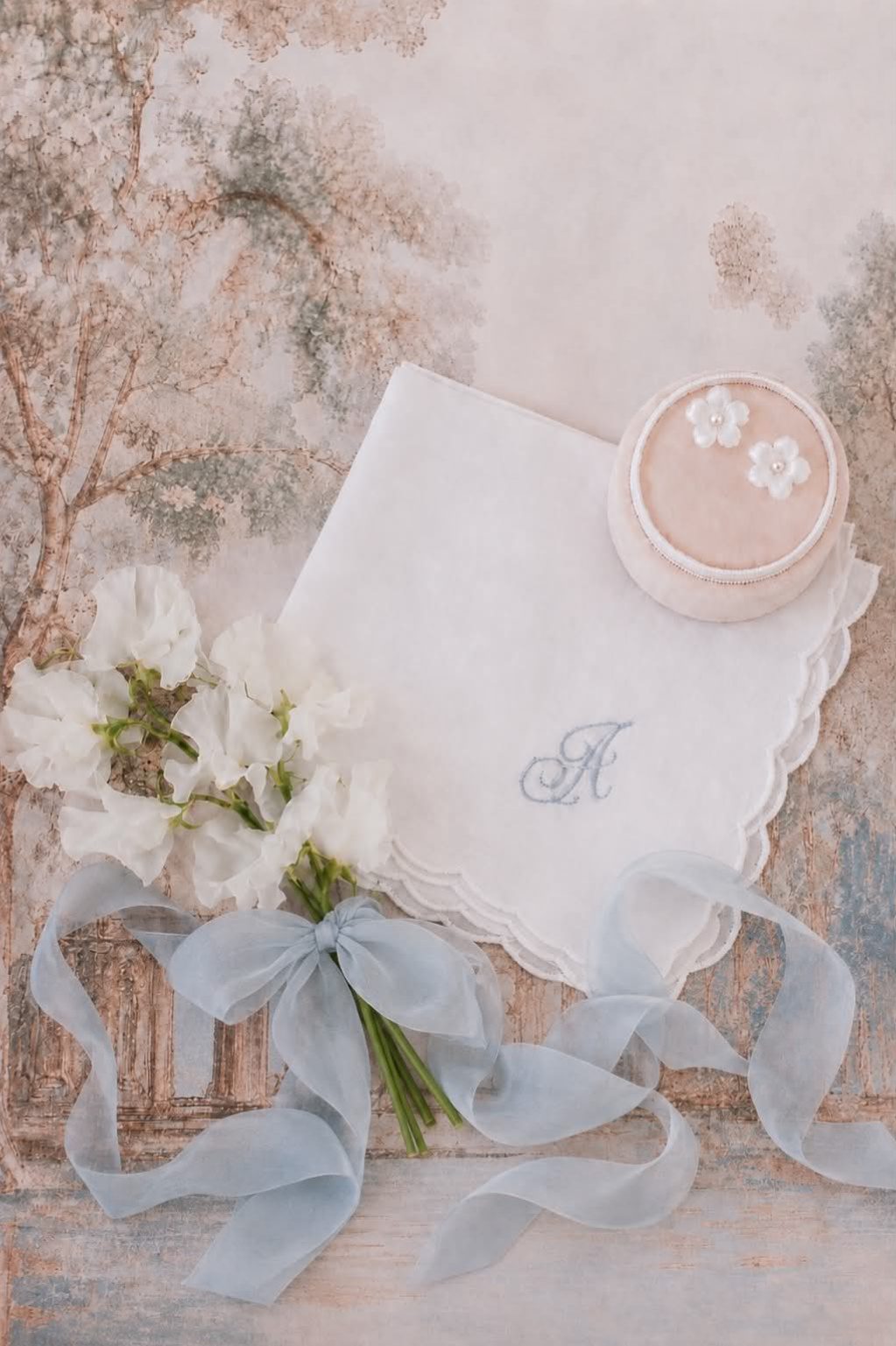 Scallop edge wedding handkerchief personalised with embroidered initial in light blue thread