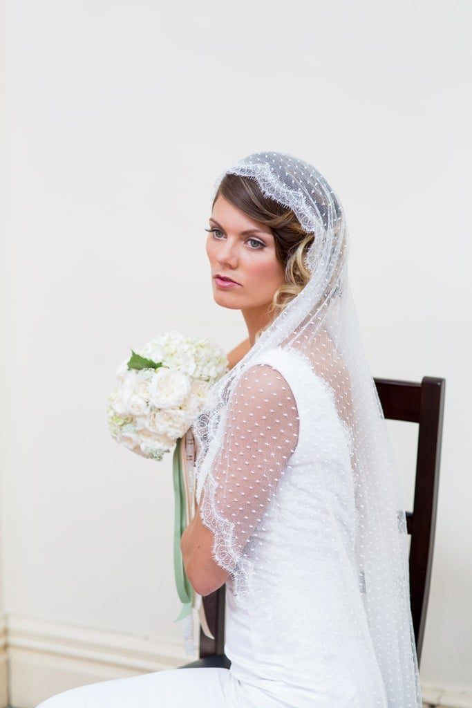 Short mantilla wedding veil handcrafted from spotted tulle