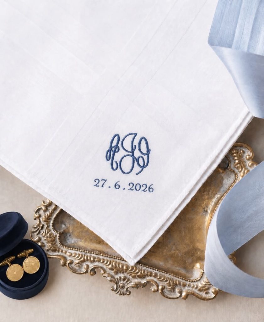 mens wedding handkerchief, bridal hanky, something blue handkerchief, personalised embroidery, all about romance bridal