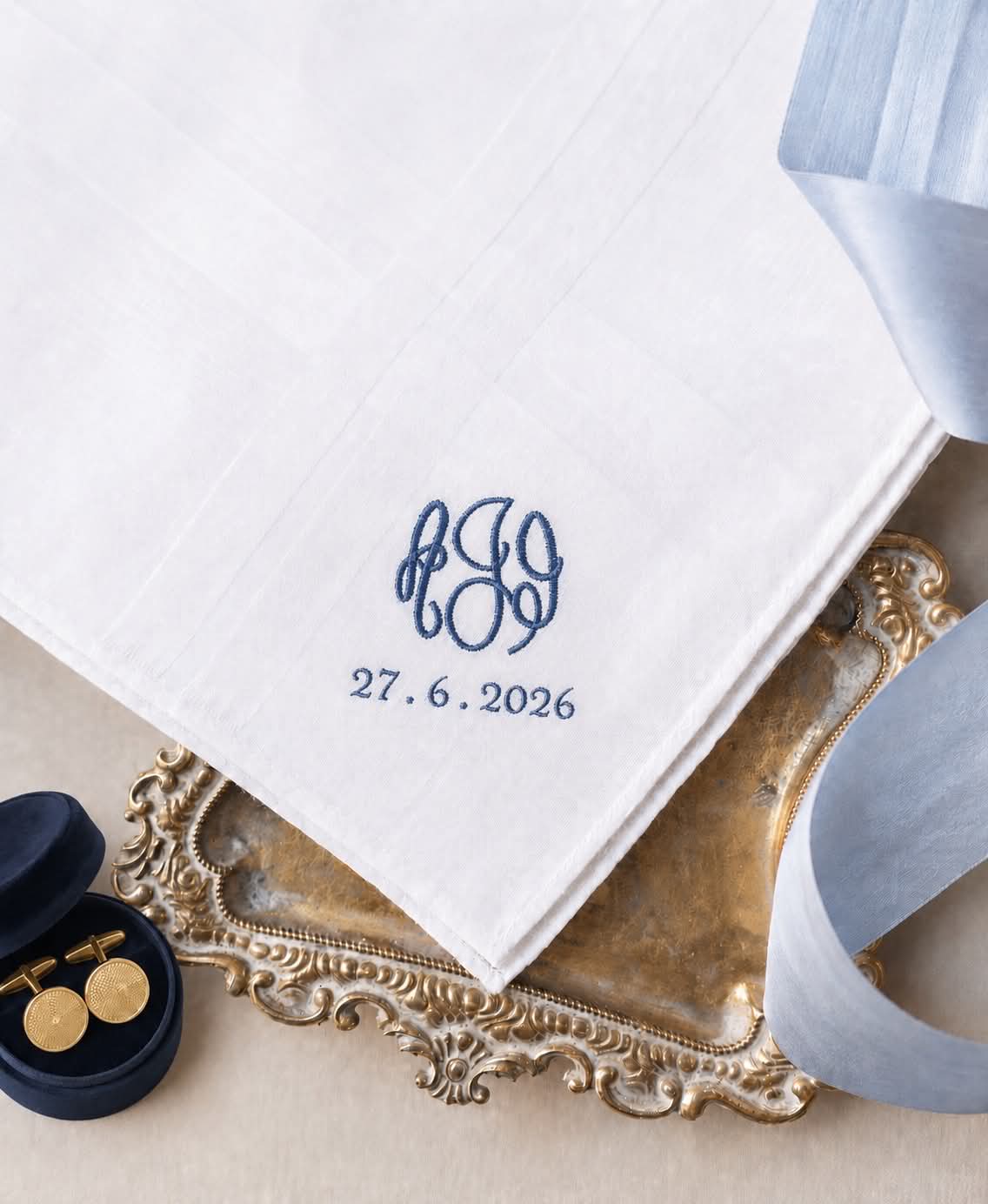 mens wedding handkerchief, bridal hanky, something blue handkerchief, personalised embroidery, all about romance bridal