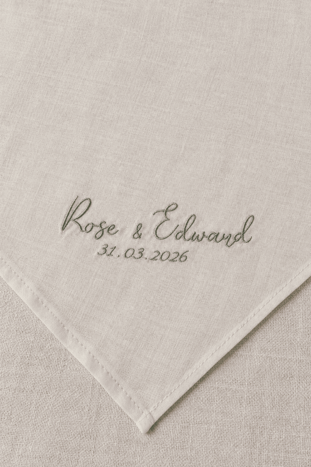 Elegant personalised wedding handkerchief handmade in Australia and embroidered with your chosen names and wedding date.