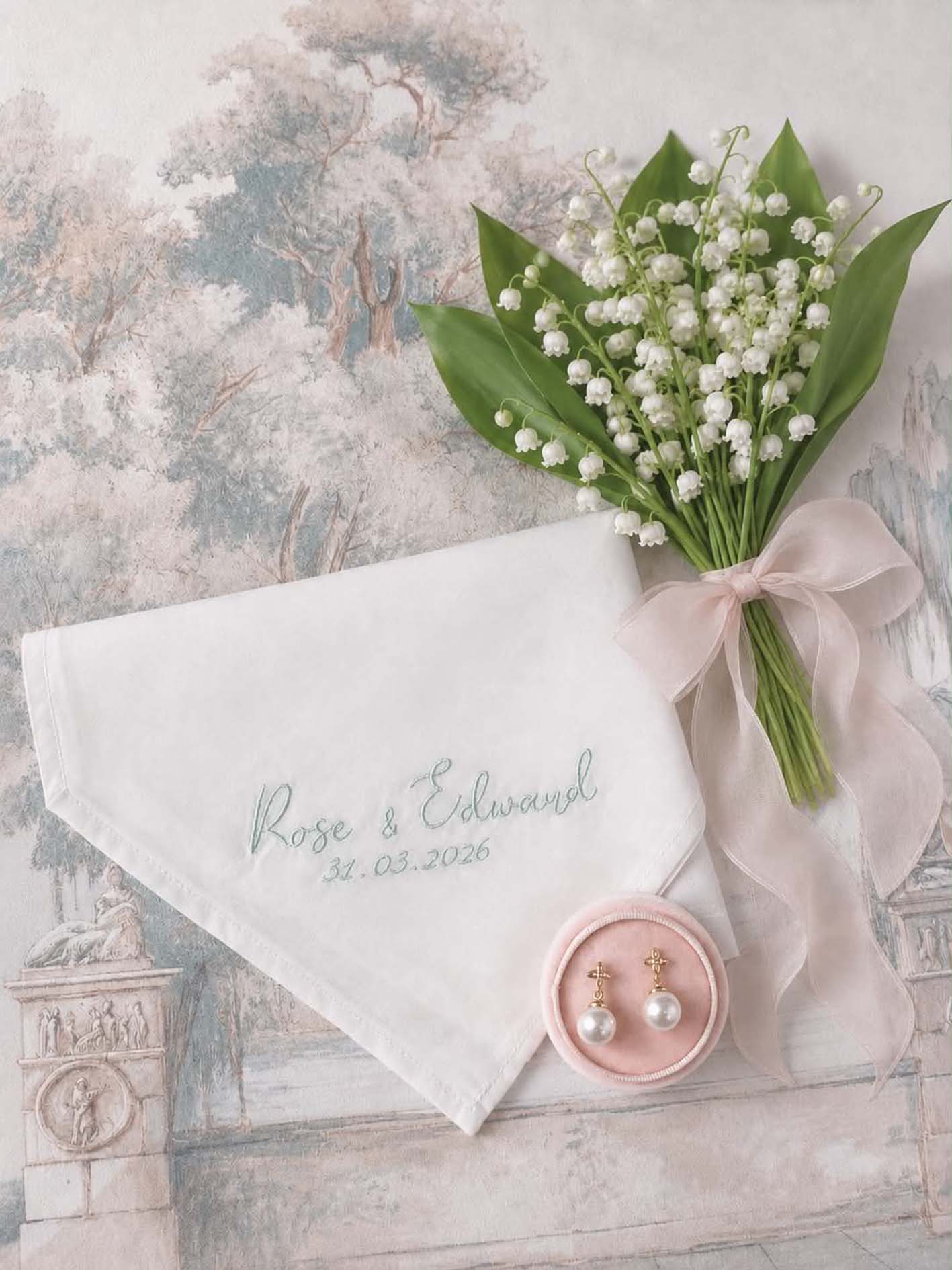Personalised wedding handkerchief embroidered with names and wedding date