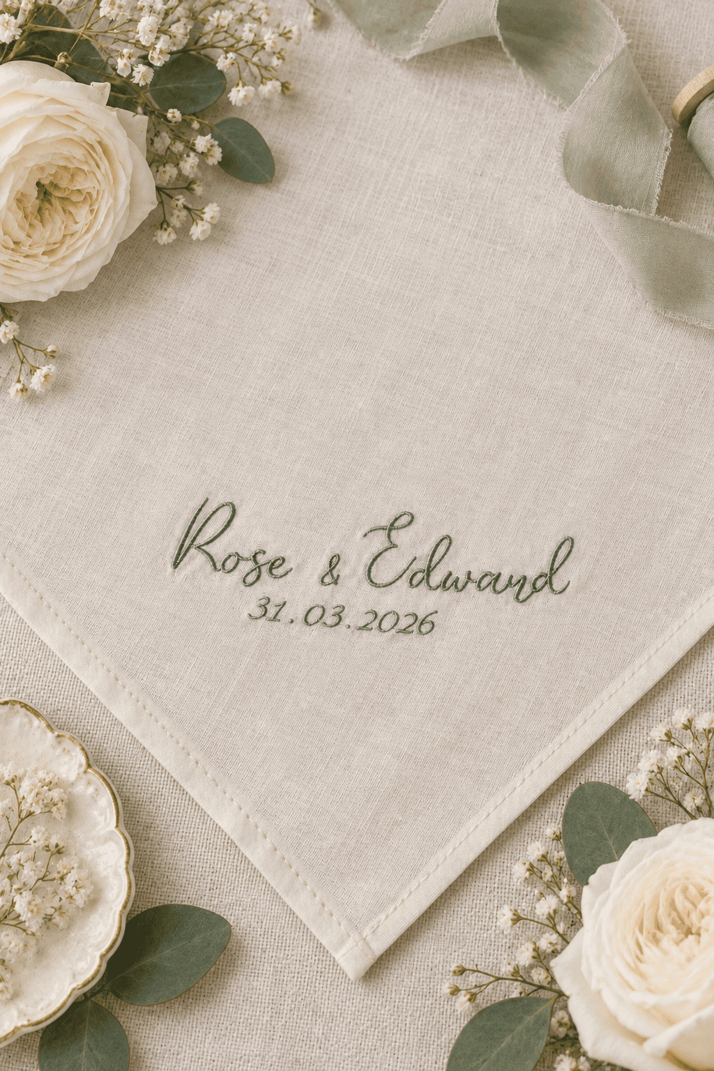 Personalised wedding handkerchief embroidered with names and wedding date