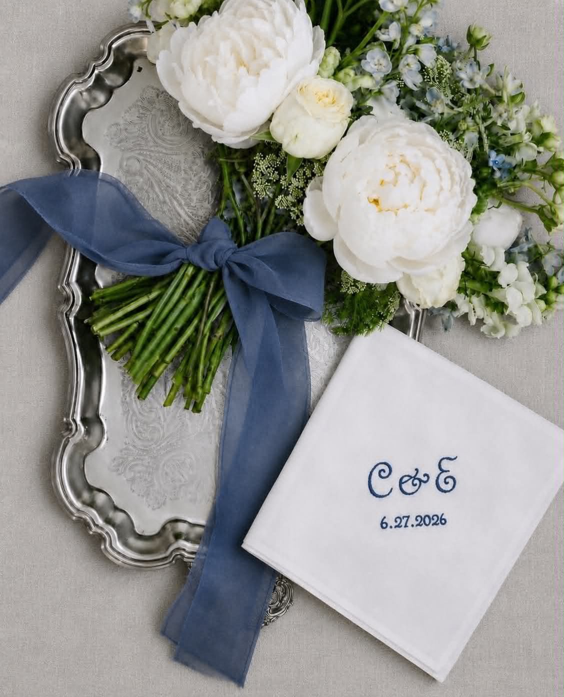 Personalised men's wedding handkerchief embroidered with initials and wedding date