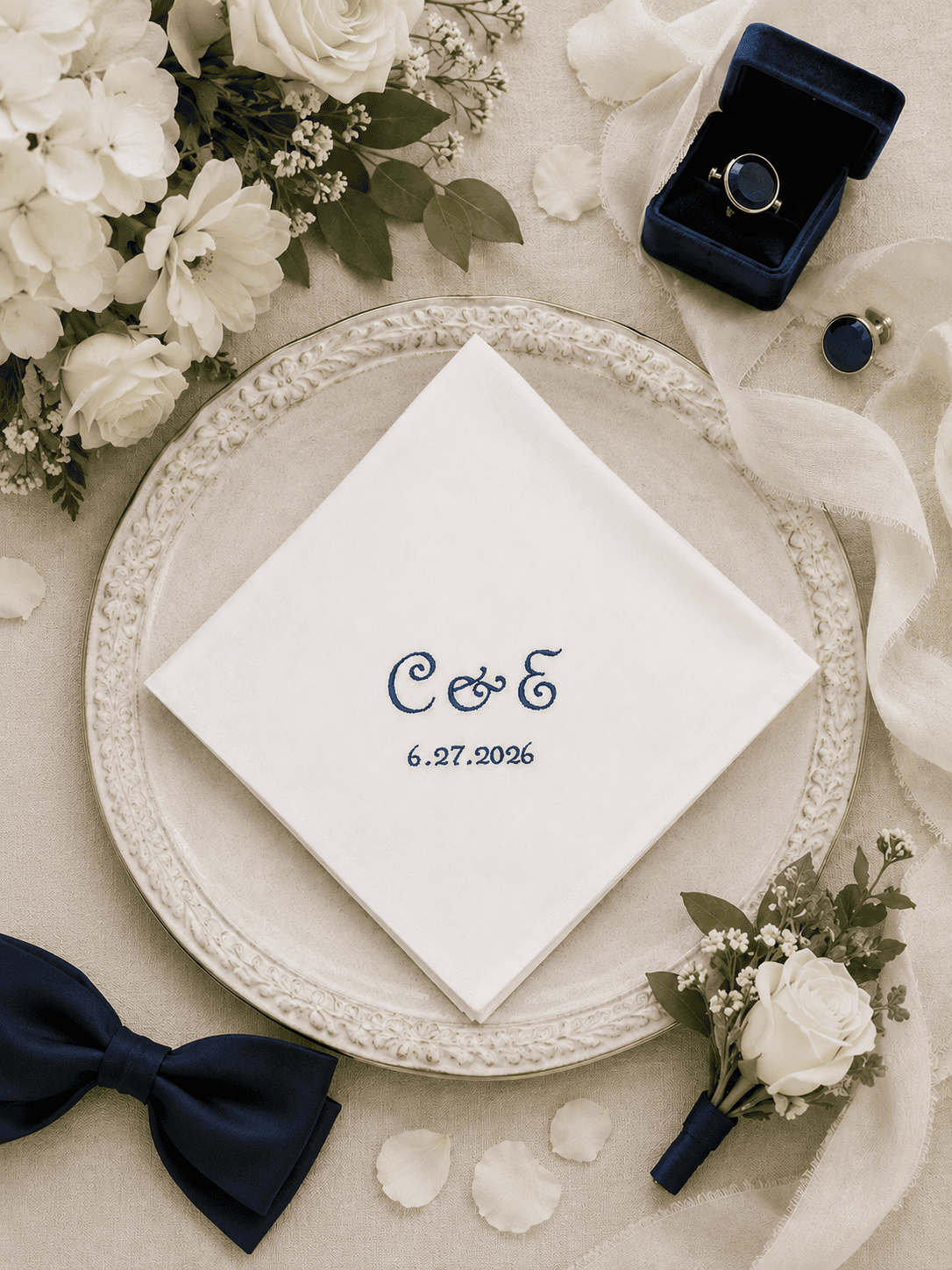 Personalised men's wedding handkerchief embroidered with initials and wedding date