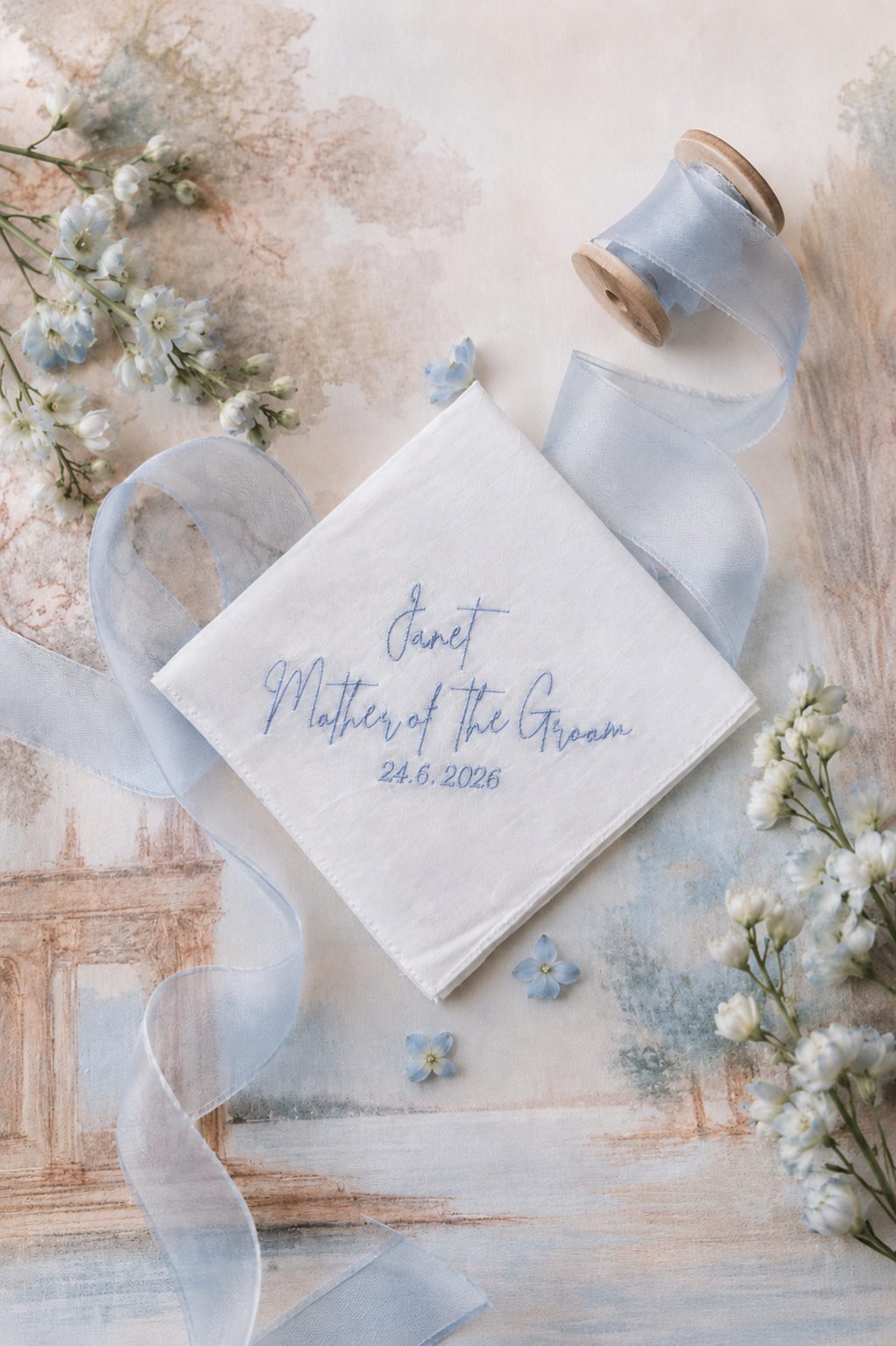 Personalised Mother of the Groom wedding handkerchief embroidered with name and wedding date