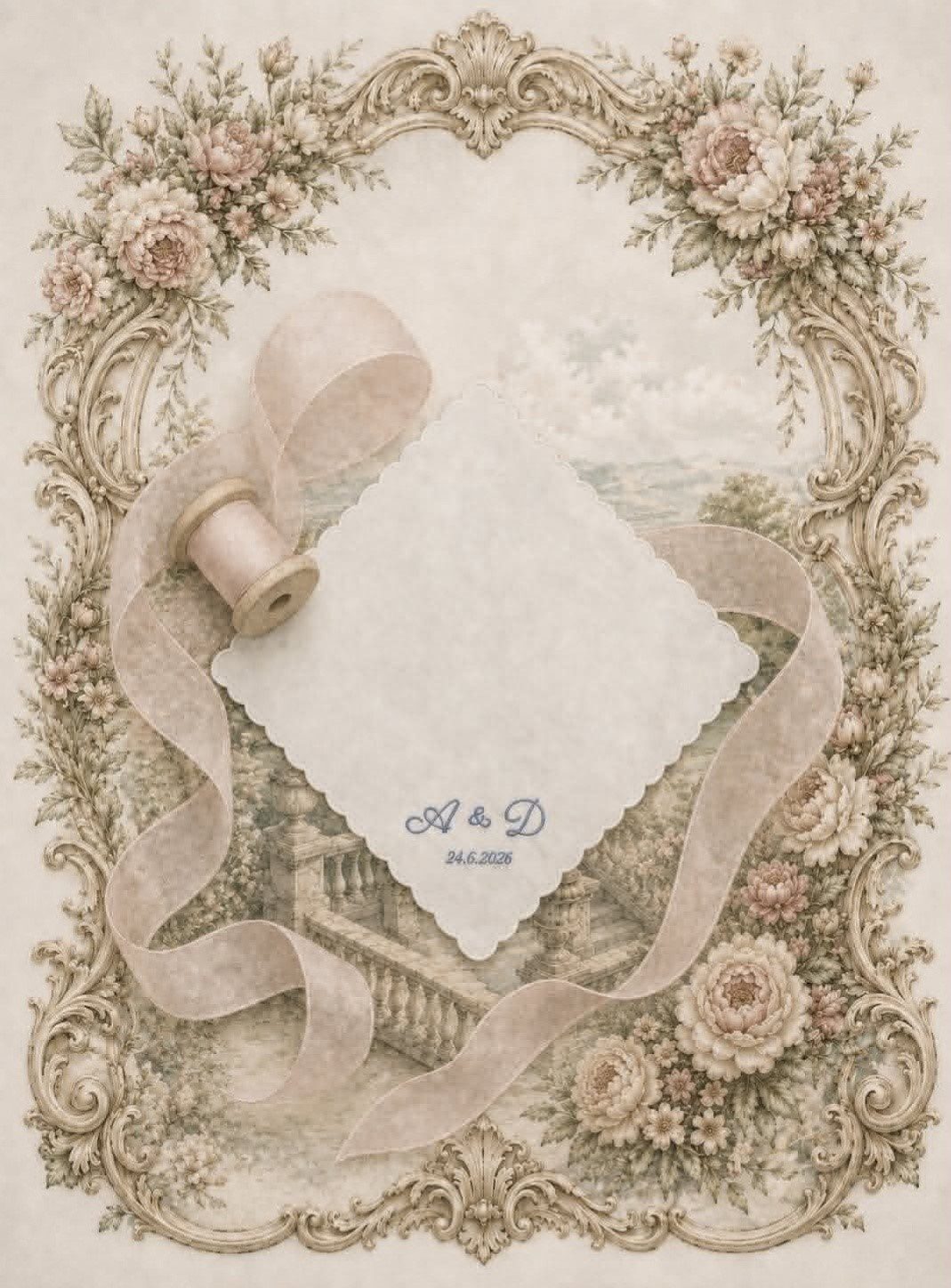 Personalised scalloped wedding handkerchief embroidered with initials and wedding date