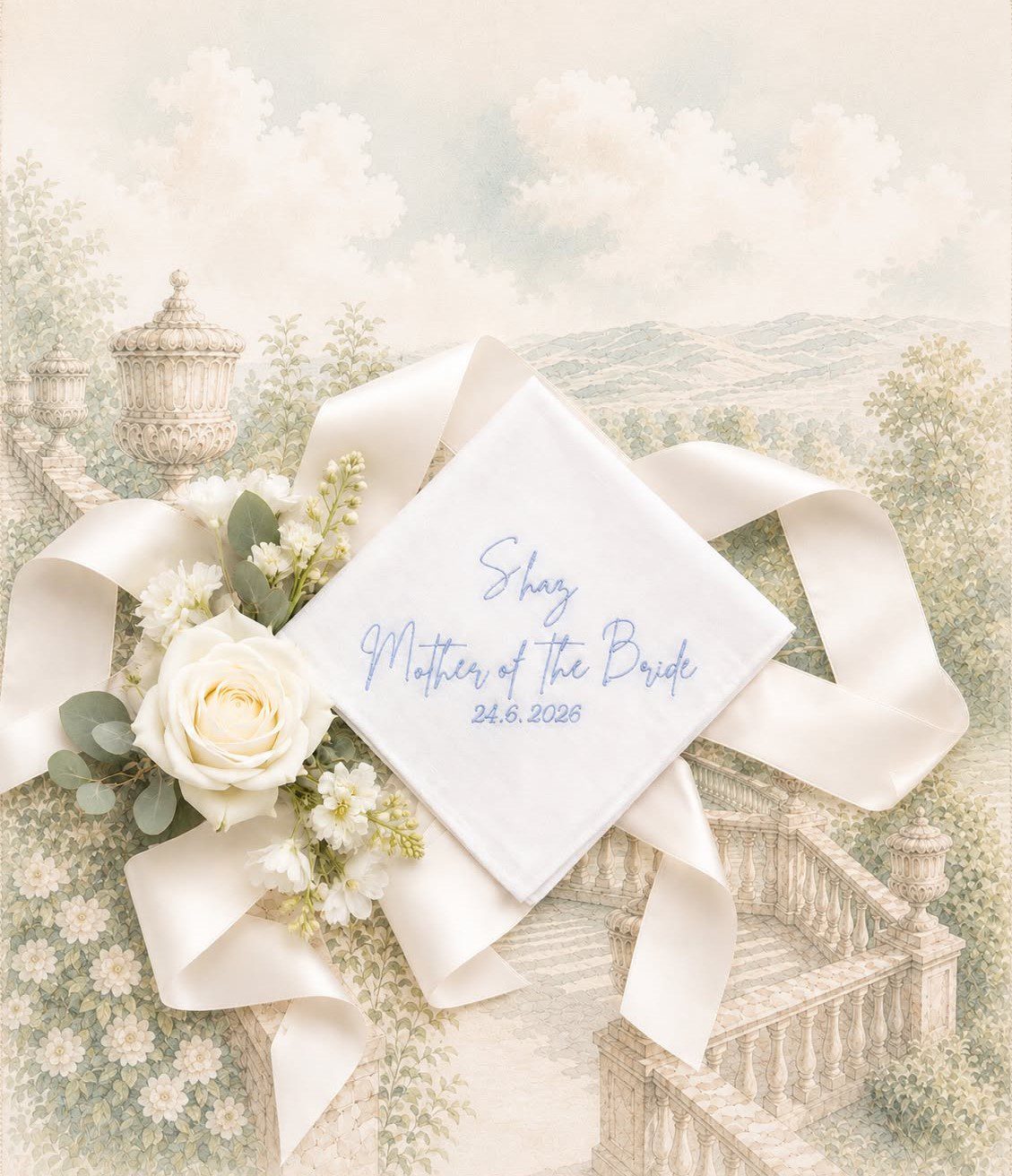 Personalised Mother of the Bride wedding handkerchief embroidered with name and wedding date