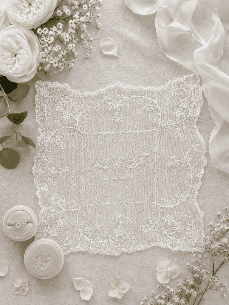 Personalised lace net wedding handkerchief embroidered with initials and wedding date featuring delicate floral lace edging.