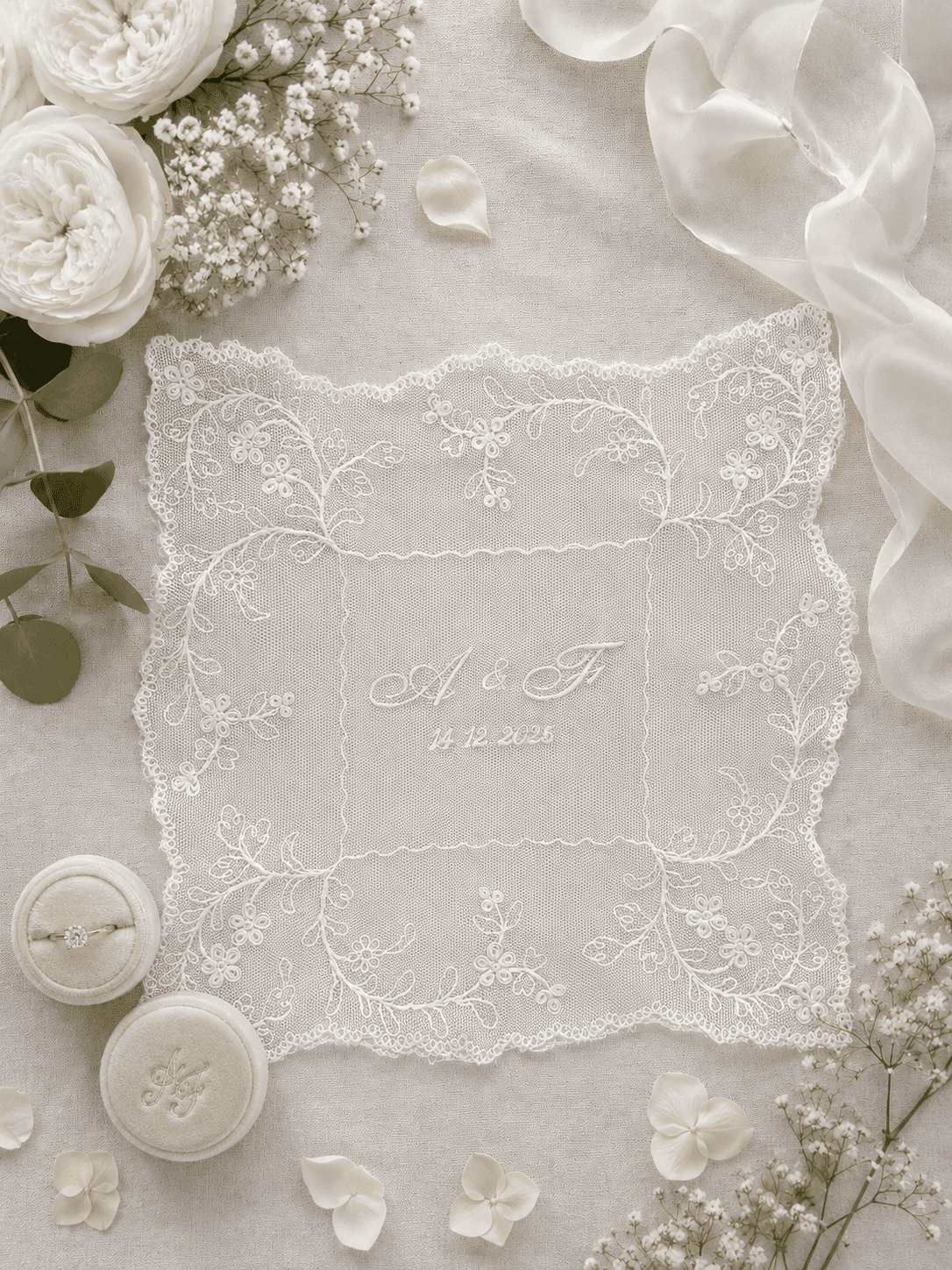 Personalised lace net wedding handkerchief embroidered with initials and wedding date featuring delicate floral lace edging.