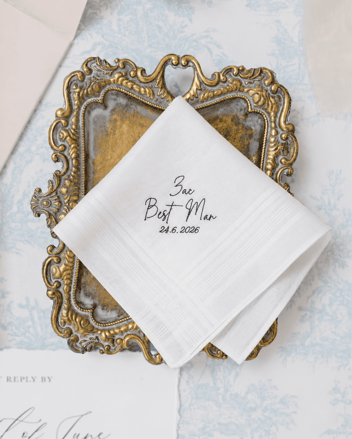Personalised Best Man wedding handkerchief embroidered with name and wedding date