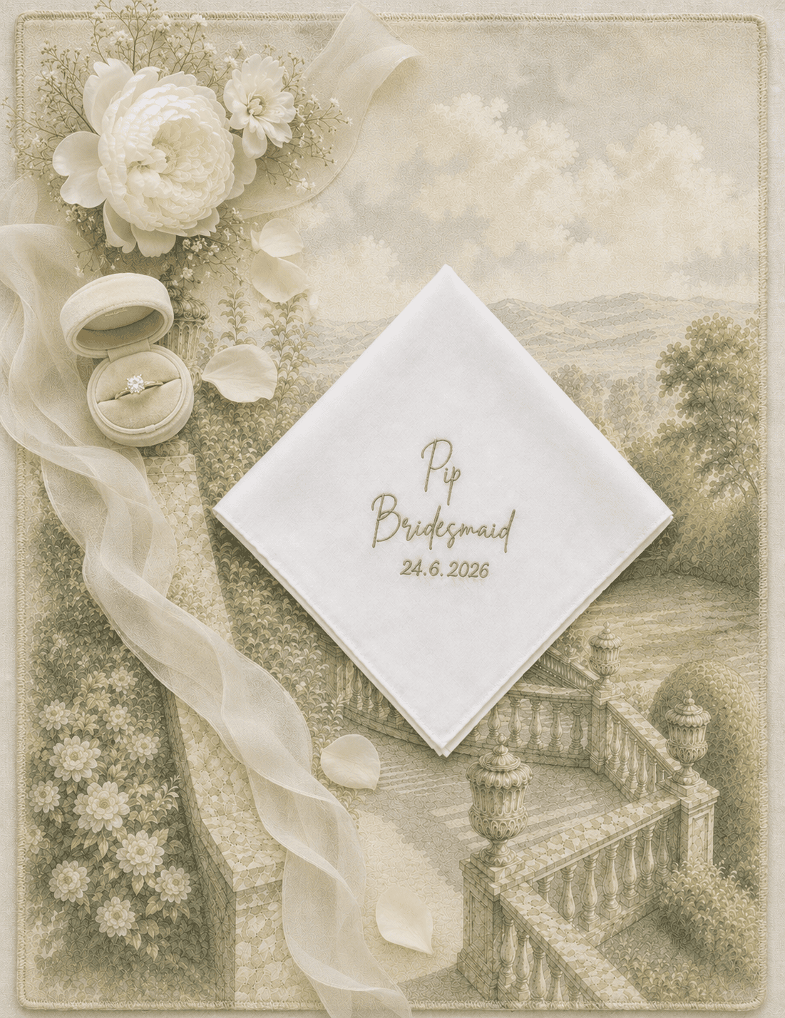 Personalised Bridesmaid wedding handkerchief embroidered with name and wedding date