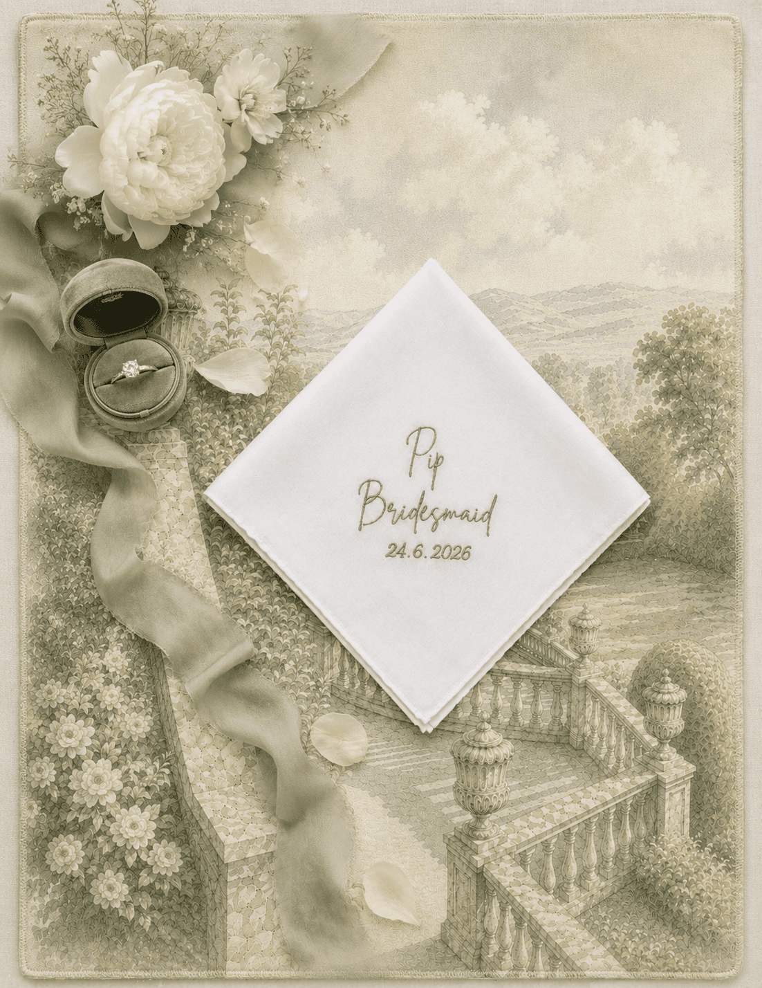 Personalised Bridesmaid wedding handkerchief embroidered with name and wedding date
