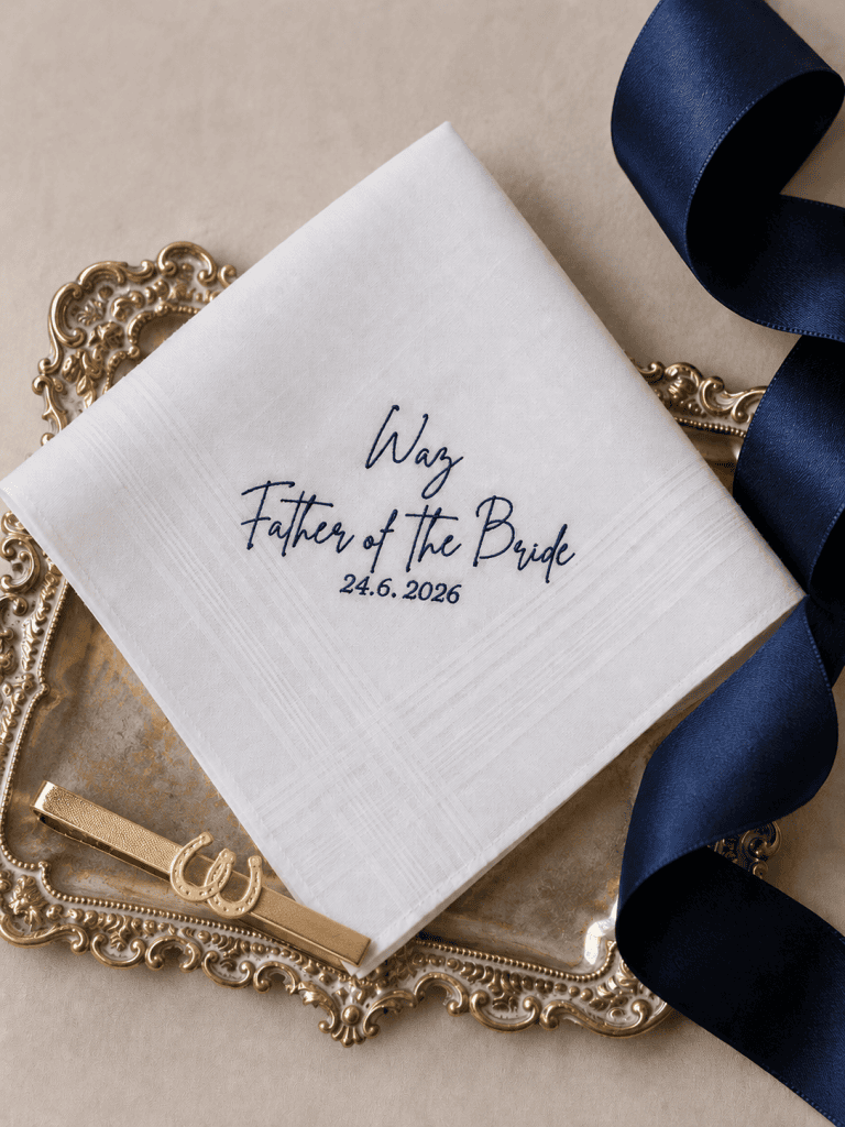 Personalised Father of the Bride wedding handkerchief embroidered with name and wedding date
