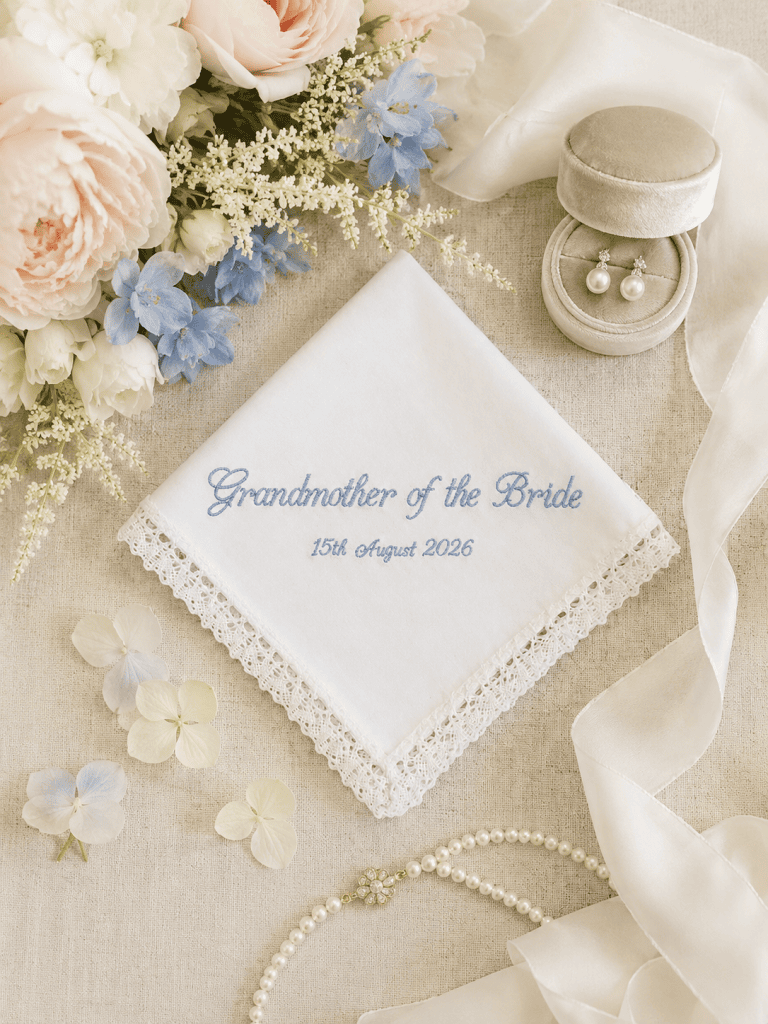 Personalised Grandmother of the Bride lace wedding handkerchief embroidered with wedding date