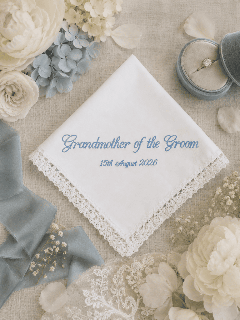 Personalised Grandmother of the Groom lace wedding handkerchief embroidered with wedding date