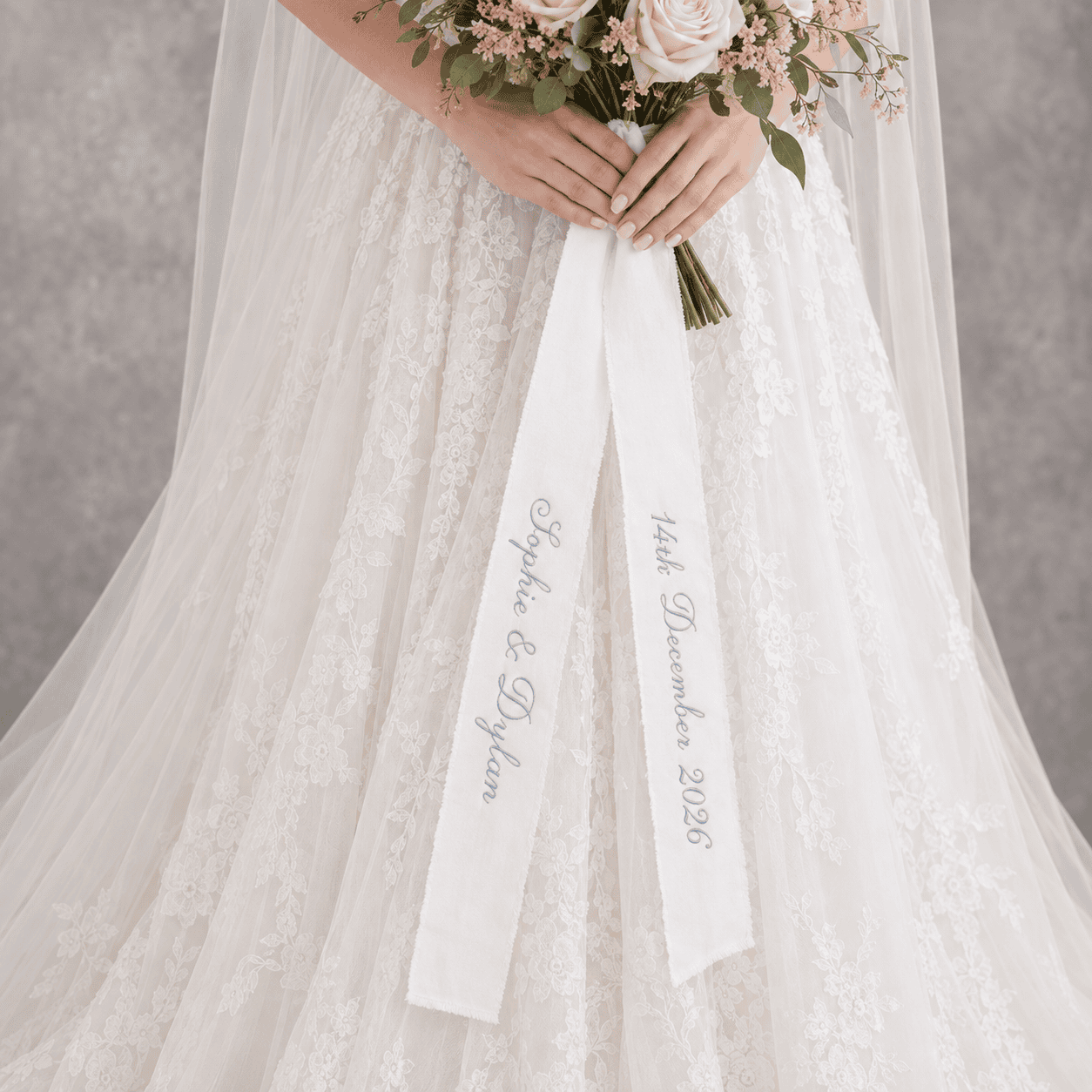 Personalised wedding bouquet ribbon embroidered with names and wedding date