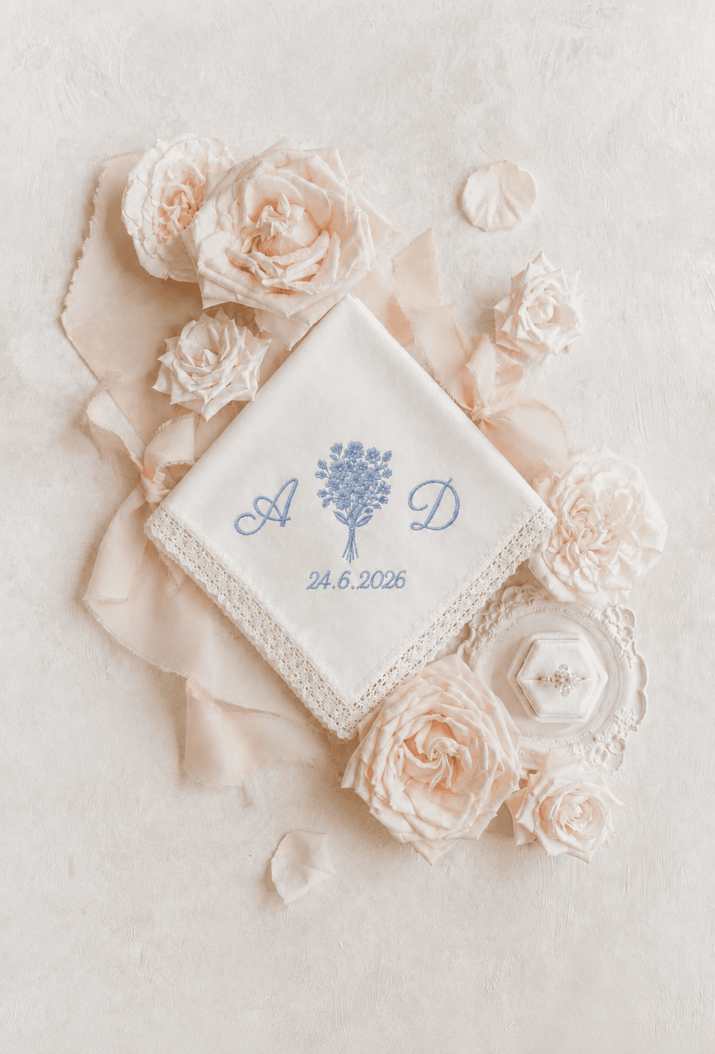 Personalised lace wedding handkerchief embroidered with initials and wedding date