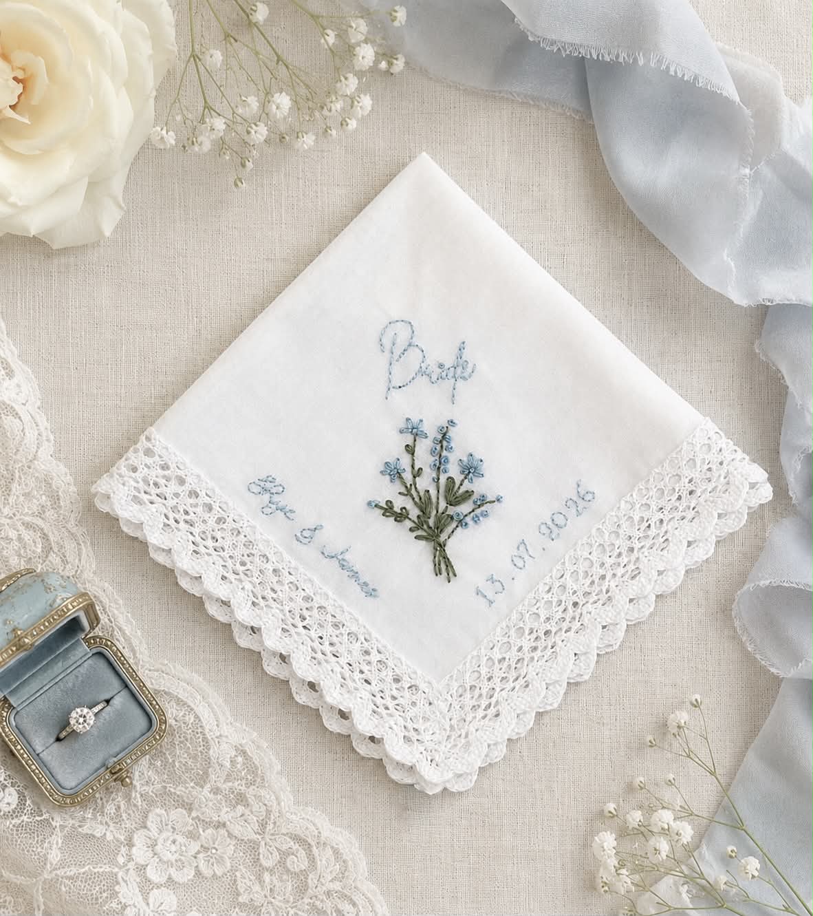 Something Blue floral wedding handkerchief hand embroidered with blue flowers