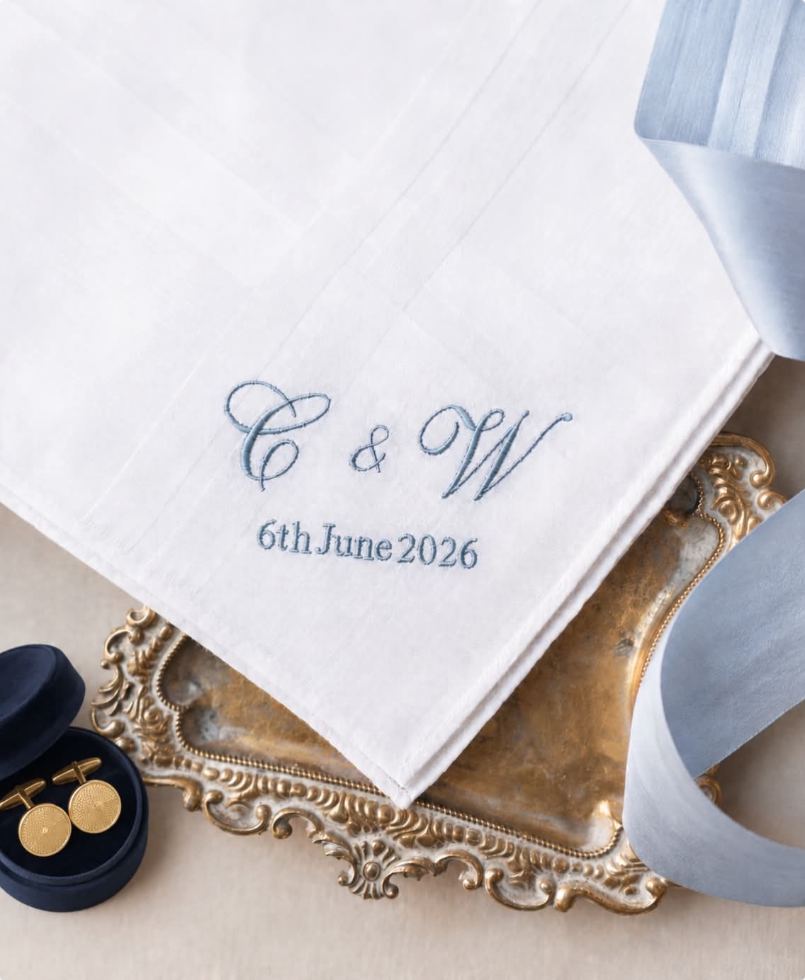 Personalised men's wedding handkerchief embroidered with initials and full wedding date