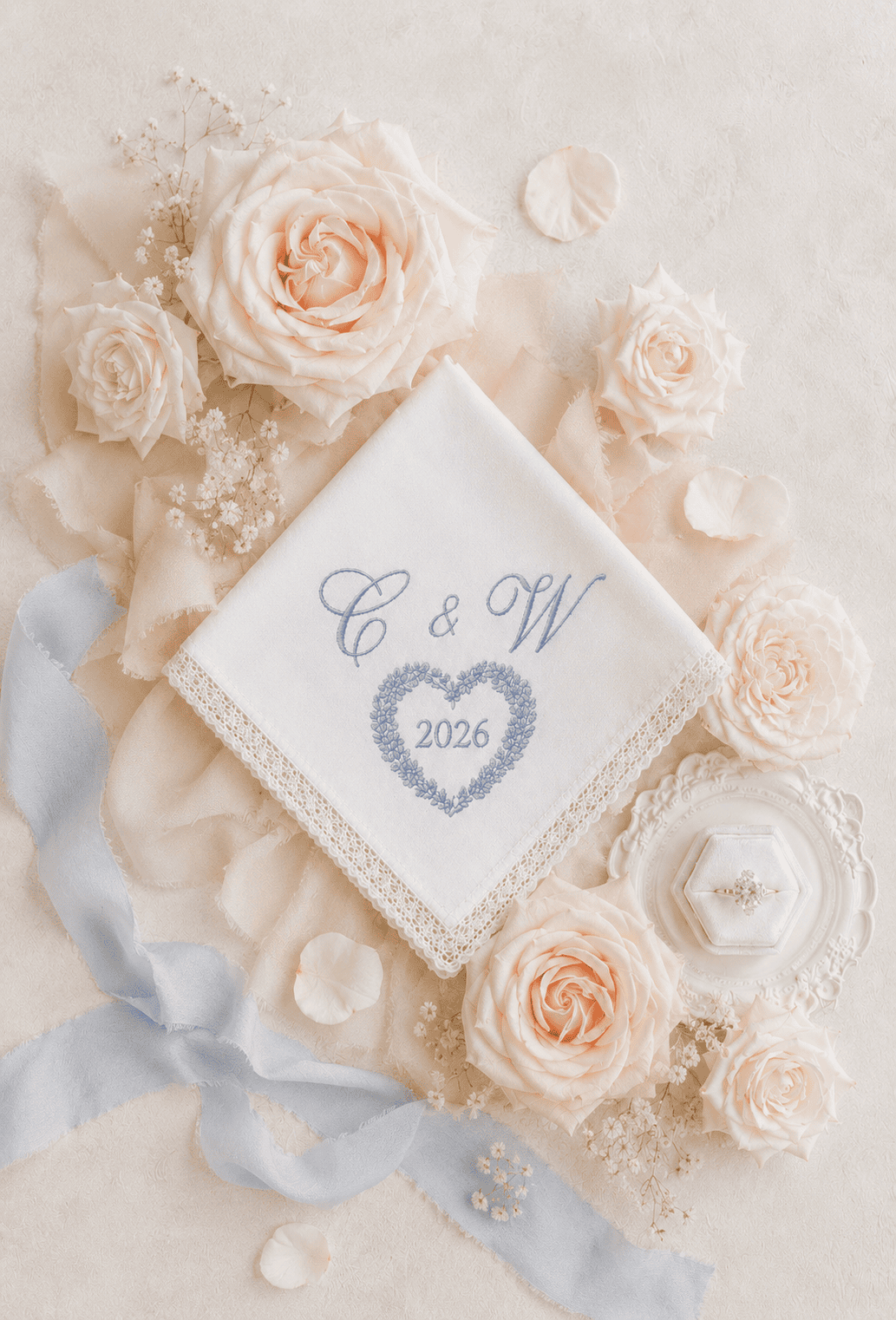 Personalised wedding handkerchief embroidered with floral heart initials and wedding year