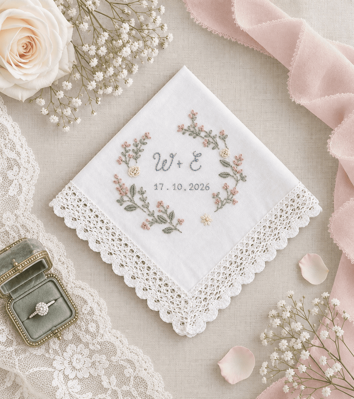 ROSALIE personalised floral wedding handkerchief with hand embroidered flowers