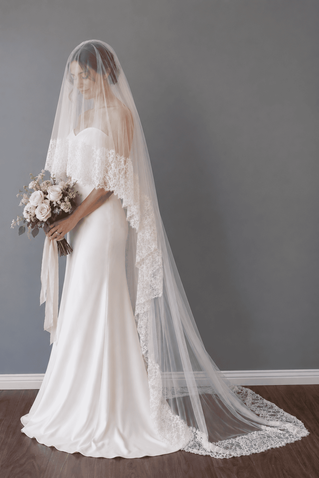 AVONLEA French Chantilly lace wedding veil with blusher