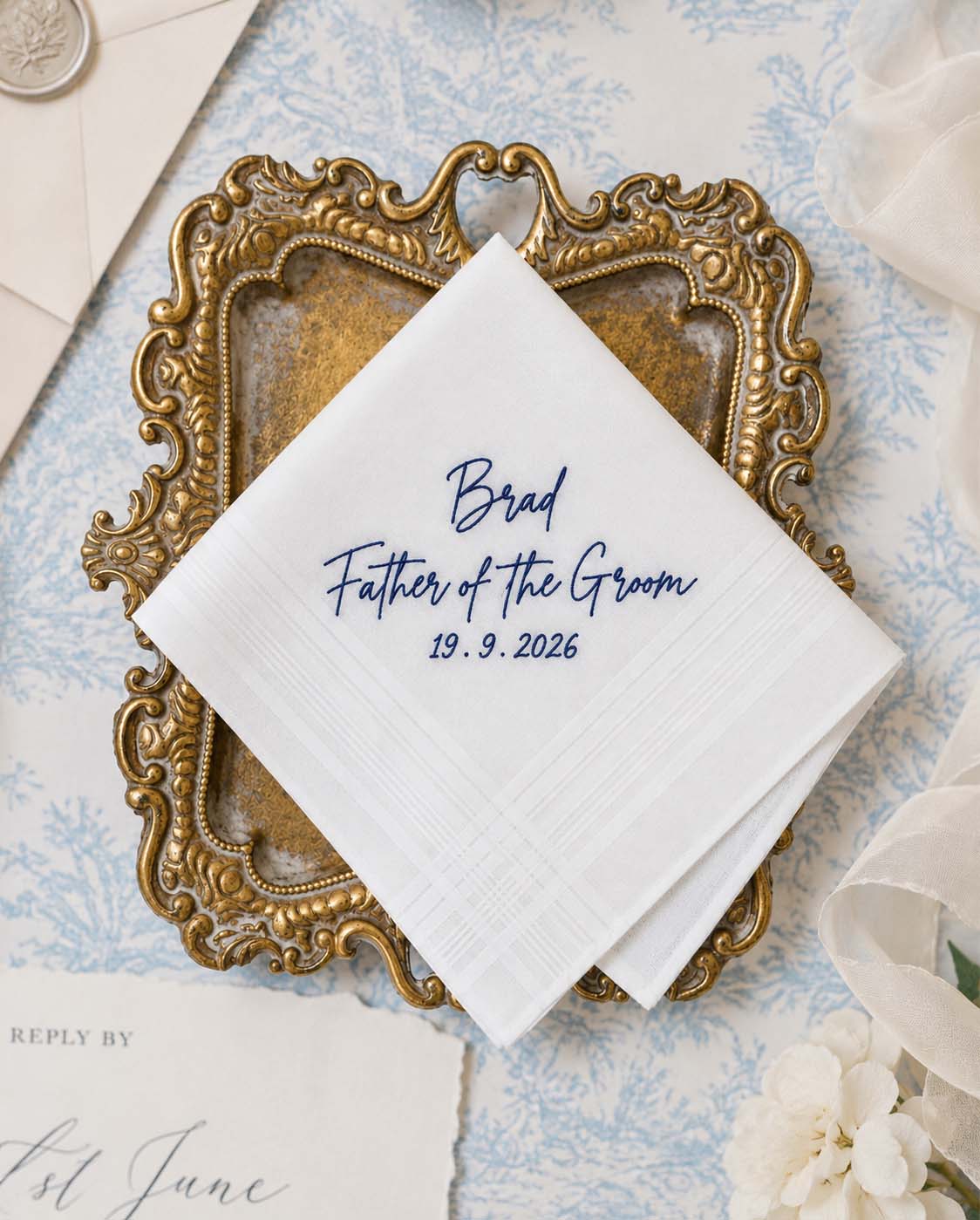 Father of the Groom wedding handkerchief personalised with name and date